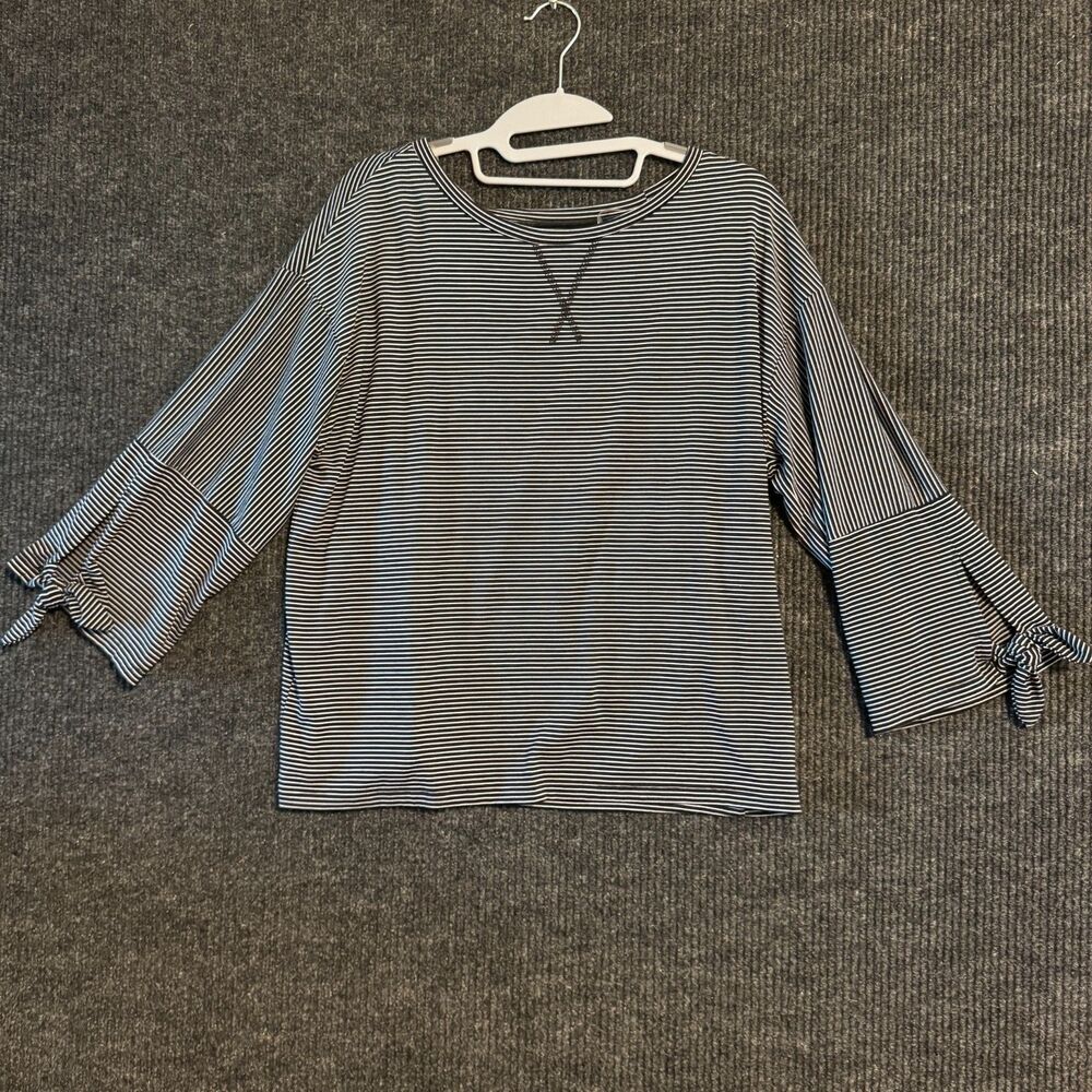 Susina Black White Striped Long Sleeve Top Tie Cuff Sz M